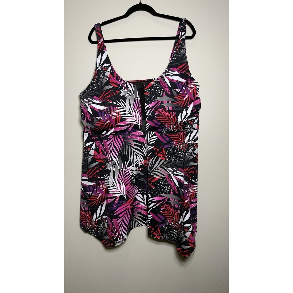 SWIM365 Women's Plus Size 30 Swim Dress Tankini Top Floral Palm Mesh Inset NEW